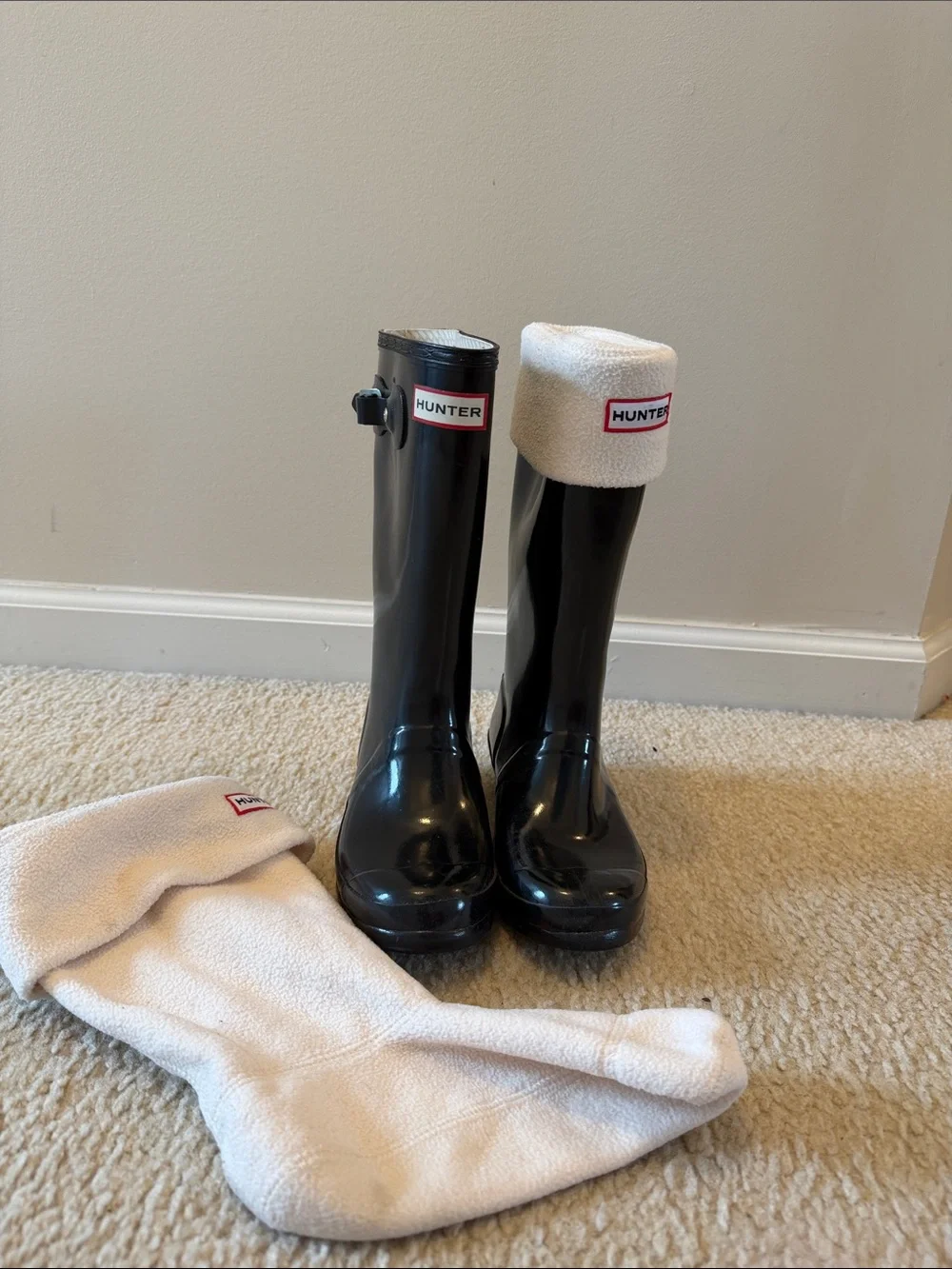 Girls Hunter Black Rain Boots with White Fleece Boot Socks worn 3x